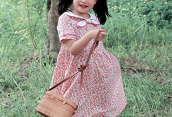 Váy  hoa hồng cổ nơ trắng