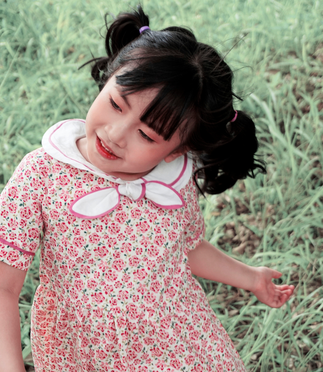 Váy  hoa hồng cổ nơ trắng