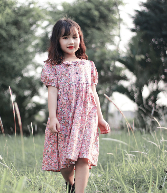Váy babydoll nơ cổ màu hồng