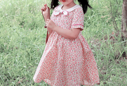 Váy  hoa hồng cổ nơ trắng