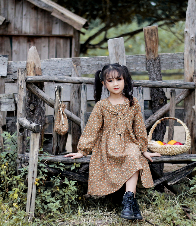 Váy hoa nâu cổ nơ