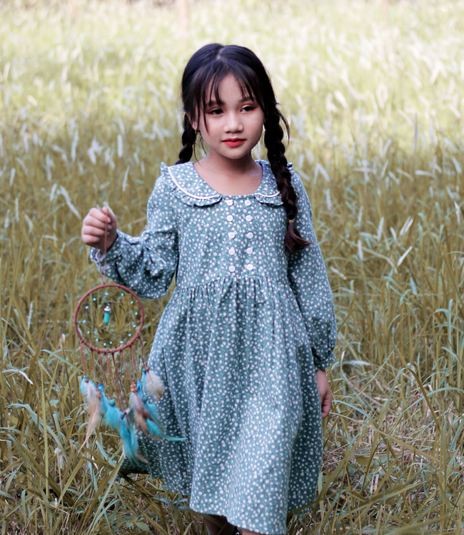 Váy hoa xanh lá cổ bèo