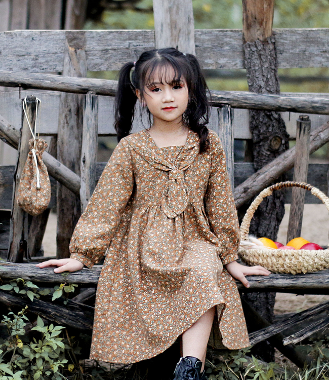 Váy hoa nâu cổ nơ