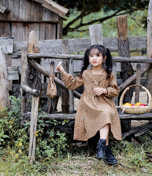 Váy hoa nâu cổ nơ