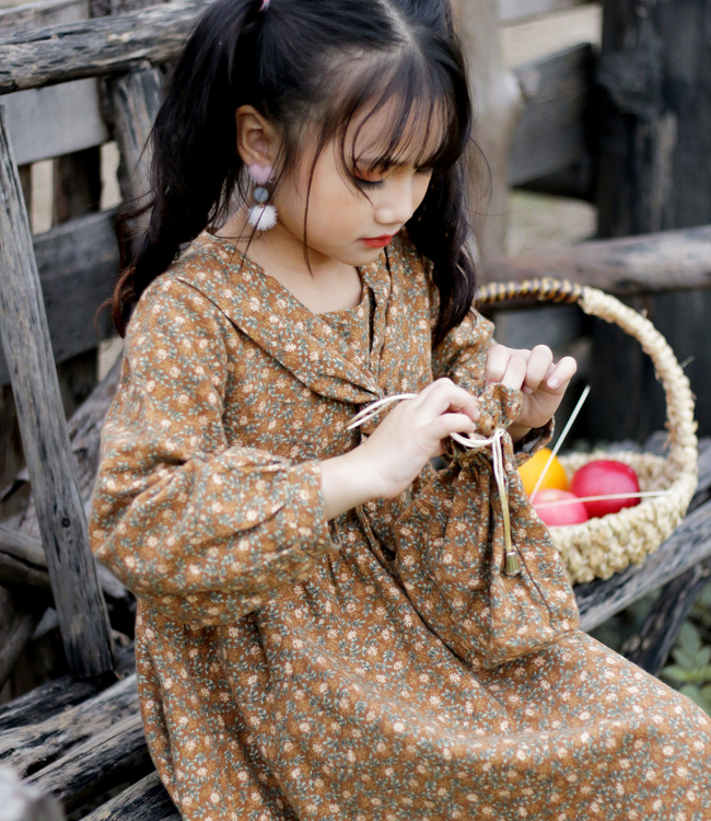 Váy hoa nâu cổ nơ