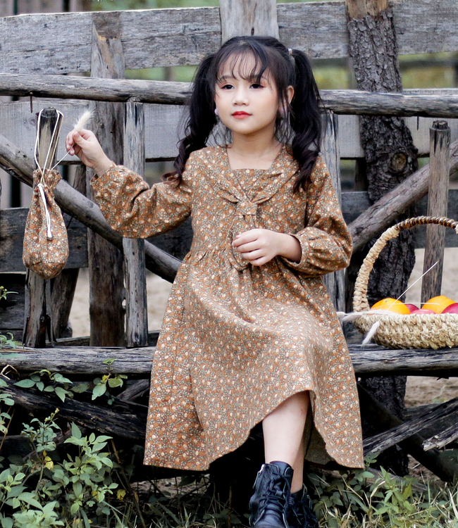 Váy hoa nâu cổ nơ