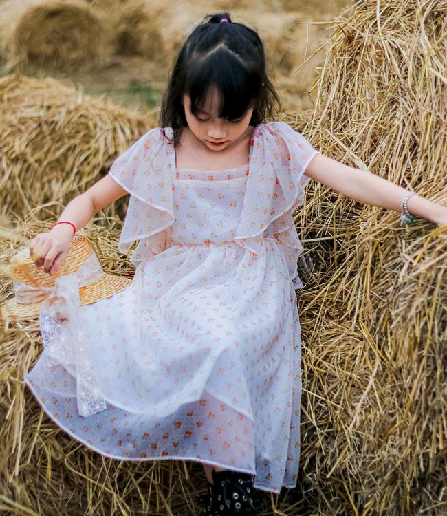 Váy tơ hoa cam bèo rủ